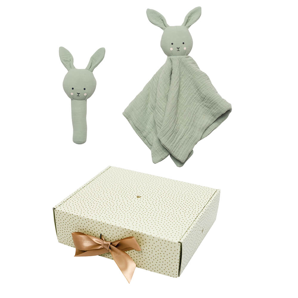 Imagen de Caja regalo bebé doudou y sonajero " Bunny verde"